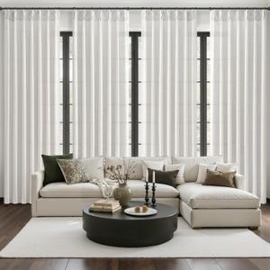 Off White Pinch Pleated Natural Linen Sheer Living Room Curtains 96 Inches Long 4 Panels Set, Memory Trained Light Filtering Farmhouse Curtain & Drapes for Sliding Glass Doors Hooks Rings Beige-White
