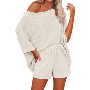 Ermonn Womens 2 Piece Outfits Sweater Sets Off Shoulder Knit Tops Waist Short Suits Casual Pajama Set M