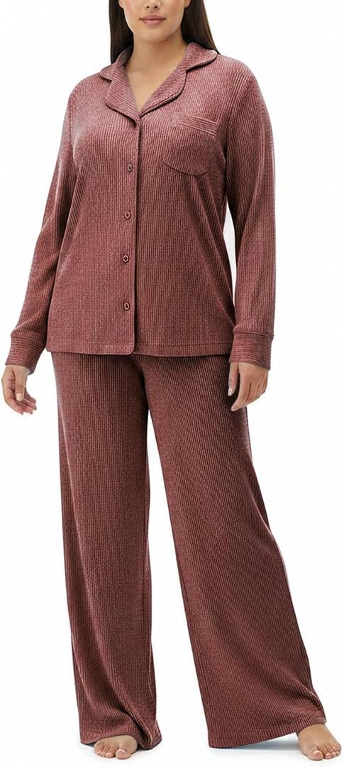 Women's Pajama Sets Long Sleeve Button Down Soft Knit Sleepwear 2 Piece Lounge Set (Brown, L)