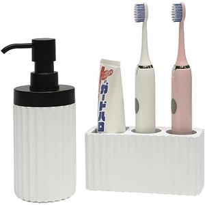 Suanti 2PCS Bathroom Accessories Set with Large-Opening Ribbed Soap Dispenser and 3 Compartment Toothbrush&Toothpaste Holder, Resin Farmhouse Bathroom Decor Set Countertop Organizer-Matte White