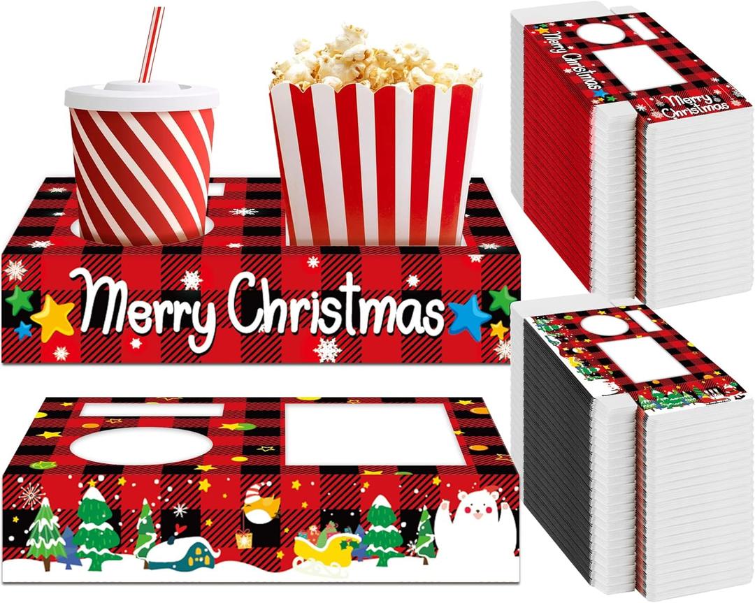 QOUBAI 50Pcs Christmas Party Supplies Movie Night Paper Snacks Boxes Xmas Movie Theater Snack Tray Party Decorations Movie Popcorn Drink Holder Set for Christmas Birthday Holiday Party Stand Family