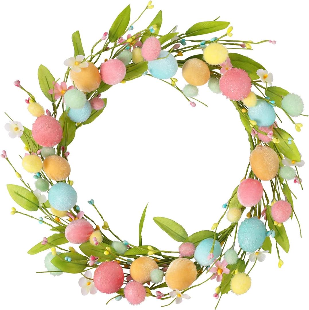 RoseCraft Easter Wreaths for Front Door,15.7 Inch Artificial Easter Colorful Egg Wreath Decorations, for Spring Summer Home Wedding Holiday Party Decor.