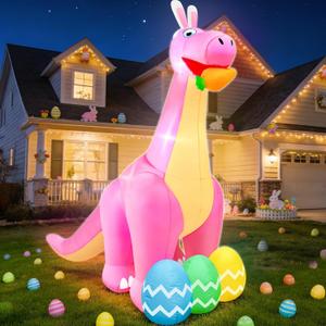 TURNMEON 8 Feet Giant Easter Inflatables Outdoor Decorations Inflatable Dinosaur with Cute Bunny Ears & Eggs Carrot Easter Blow Up Yard Decorations Built-in LEDs Easter Decorations Outdoor Garden Lawn