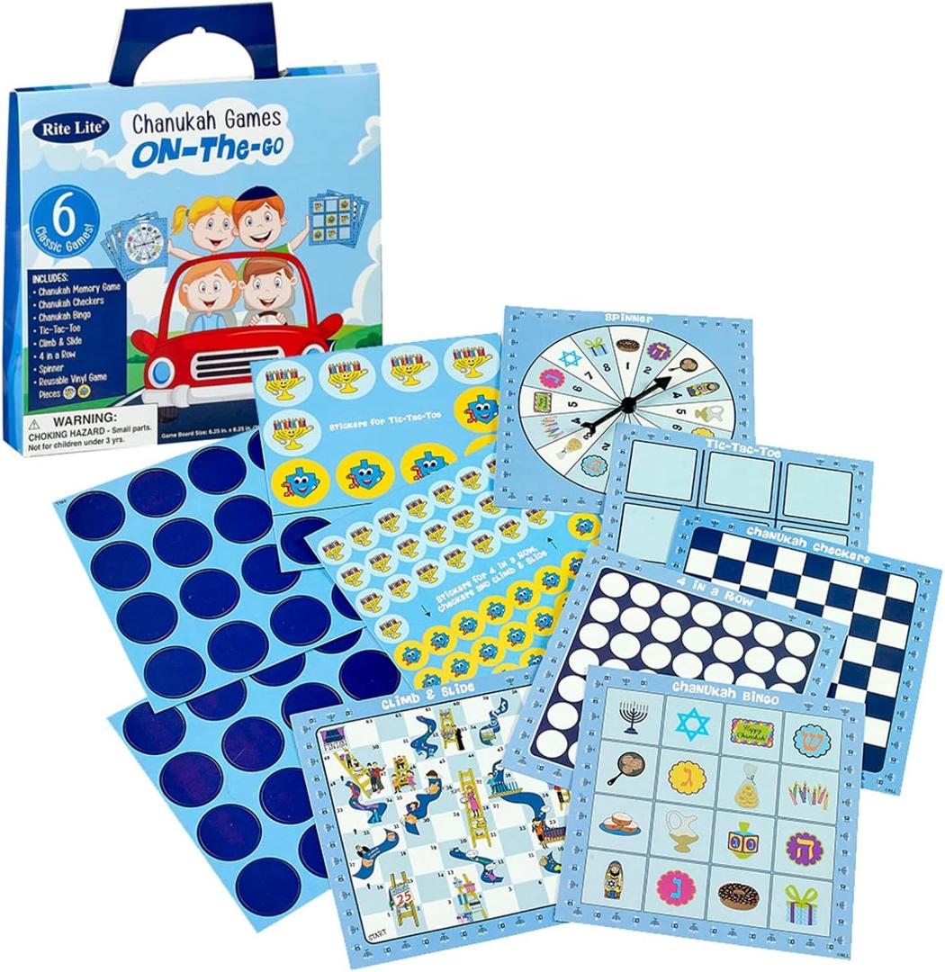 Rite Lite 6 Hanukkah Games On The Go - Jewish Board Games Chanukah Gifts for Kids Holiday Party Favors - Includes Tic Tac Toe, Checkers, Bingo, Chutes & Ladders, Four in a Row, Memory Game