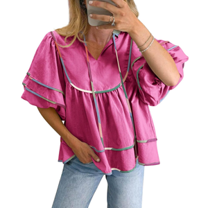 Cicy Bell Womens Summer Babydoll Tops V Neck Short Lantern Sleeve Shirts Cute Loose Fit Peplum Flowy Blouses