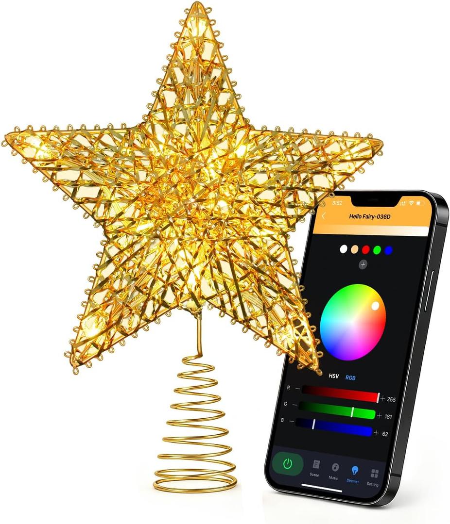 Gold Christmas Tree Topper Star, 9" Smart LED 3D Metal Hollow Star with APP and Remote Control, 15 LEDs RGB Color Changing Light, 80 Lighting Modes, 16 Million Colors for Holiday Christmas Decorations