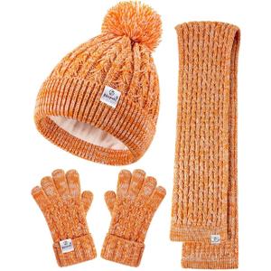 Kids Winter Hat Gloves Scarf Set,Girls Toddler Winter Hat Beanie with Pom Neck Warmer Gaiter Mittens Fleece Lined Set (9-15 Years, Orange Mix)