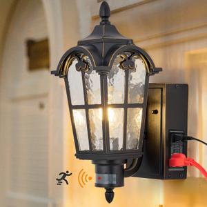 Dusk to Dawn Motion Sensor Outdoor Porch Light with GFCI Outlet, Anti-Rust Waterproof Industrial Outdoor Lantern, UL ETL Listed, Exterior Work Lights Rustic Wall Light