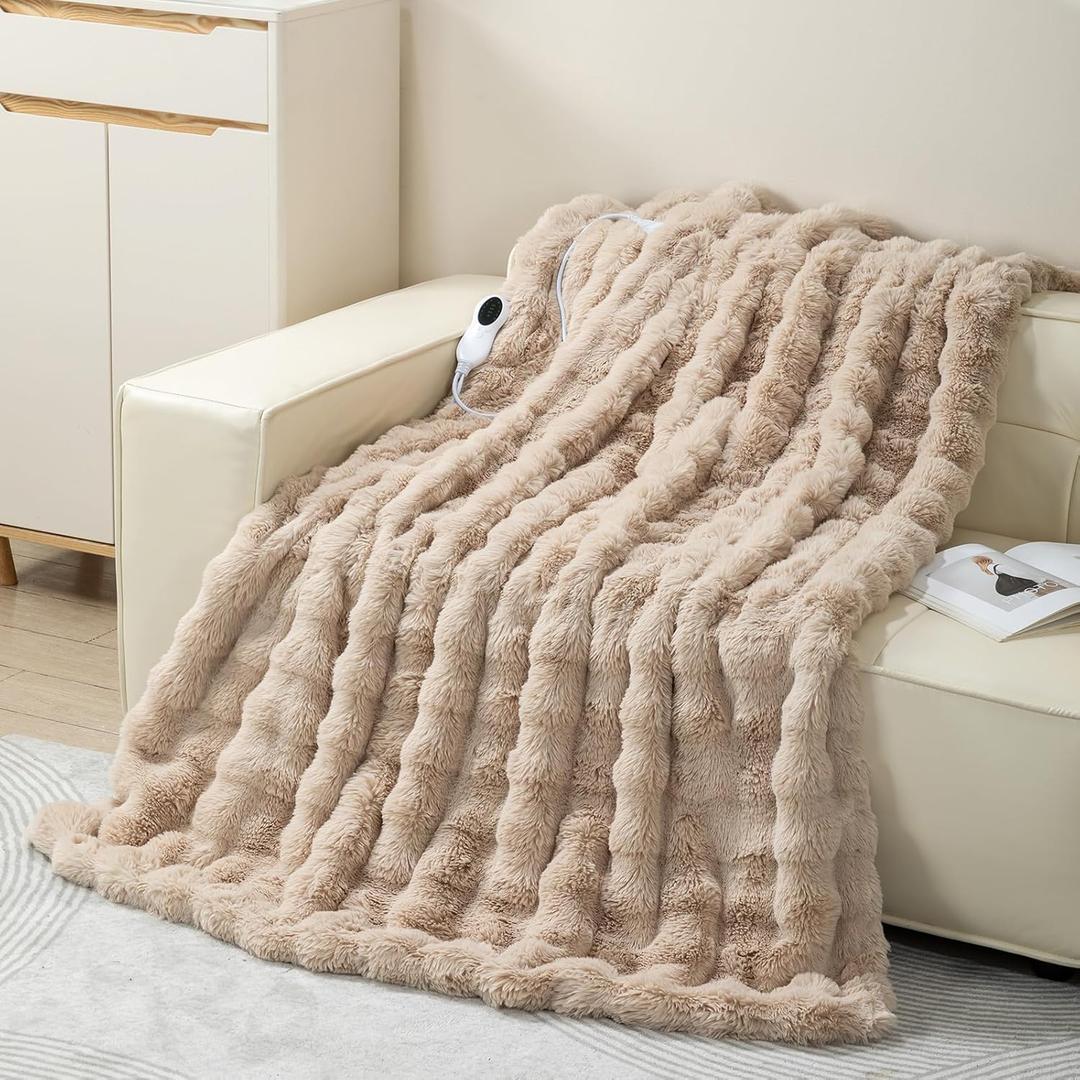Faux Rabbit Fur Electric Blanket Throw 51"x63"  Heated Blanket with 5 Heat Levels 86F158F, Digital Display & 2/4/8H Timer, Fast Heating, Machine Washable Bubble Plush Crystal Velvet Heating Throw