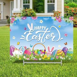 Queekay Easter Yard Sign Outdoor Decoration Happy He Is Risen Yard Sign Easter Lawn Signs Christian Holiday Party Lawn Stake for Garden(Fresh Style)