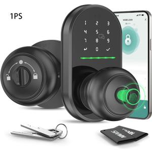 Keypad Smart Door Lock with Knob, Keyless Entry Door Lock, Fingerprint Door Knob for Front Door, Electronic Code, App Remote Control, Easy Installation, Auto Lock,deep Black