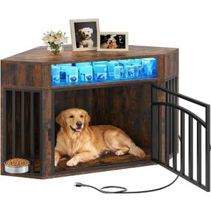 YITAHOME 52" Corner Dog Crate Furniture with LED Light & Power Outlets