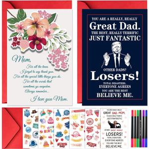 4 x TOYPOPOR Mother's Day Card, Happy Mother's Day Mom Gift, Father's Day Greeting Cards with Blank Cards, Envelopes, Stickers and Pens, Personalized Gift for Mom Dad Wife Husband from Daughter Son
