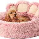 Jiupety Paw Shape Calming Pet Bed, Plush Faux Fur Donut Bed for Dogs & Cats, Machine Washable, Non-Slip Bottom, Large Size (26"x26"x8"), Pink