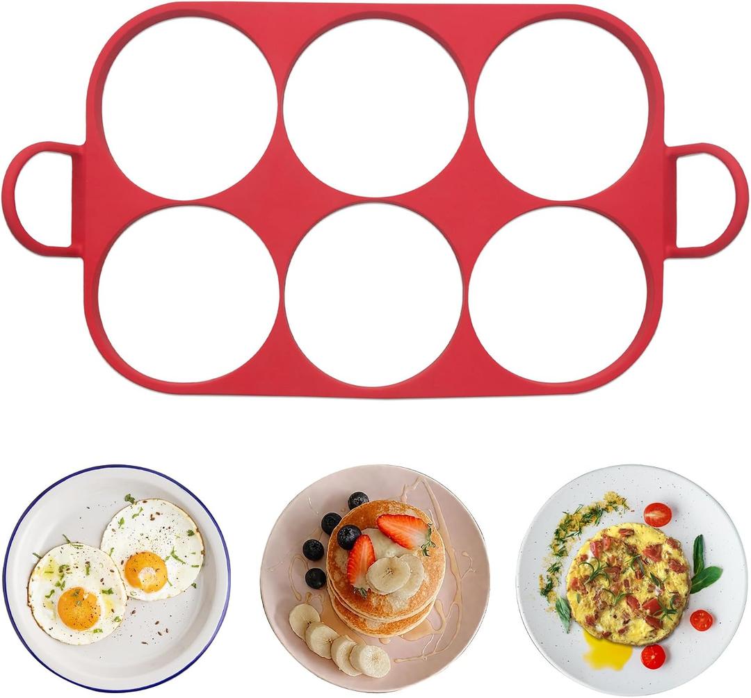 Baker's Friend 6 Round Silicone Egg Rings for Frying Eggs & Pancake, Non-Stick & Heat-Resistant, Ergonomic Handles, Omelette Ring for Griddle, 4 Inch, Red