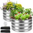 Round Galvanized Raised Garden Bed 2 Pack, 2×2×1ft Metal Planter Box with Fabric Liner Included, Tool-Free Assembly Rust-Resistant Garden Bed for Vegetables Flowers Herbs Outdoor (Silver)