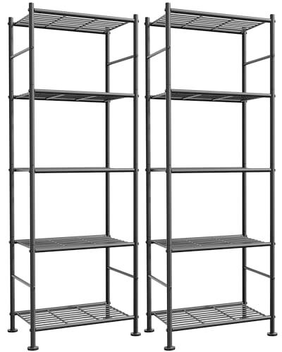 Sakugi Storage Shelves - Set of 2, 5-Tier Metal Shelf Organizer, Space-Saving Garage Shelving with Leveling Feet, Standing Shelves Organizer for Kitchen, Laundry, Pantry (18.4" x 12.6" x 57.4", Black)