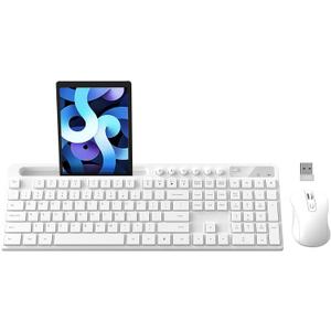 Wireless Keyboard and Mouse Combo, MARVO 2.4G Ergonomic Wireless Computer Keyboard with Phone Tablet Holder, Silent Mouse with 6 Button, Compatible with MacBook, Windows (White)