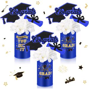 Domensi 3 Sets Graduation Table Centerpiece Decorations Class of 2025 Includes 3 Silk Artificial Flower 9 Congrats Grad Sticks Picks Toppers 3 Metal Vases for Home Party Supplies Gifts (Blue)