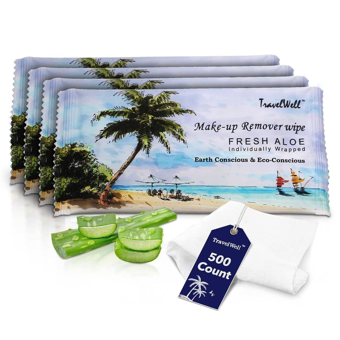 Travel Well Non-Woven Makeup Remover Wipes - Bulk Makeup Wipes Individually Wrapped & Travel Essentials - Aloe Infused Facial Cleansing - Pack of 500, Fresh Scent & Alcohol Free