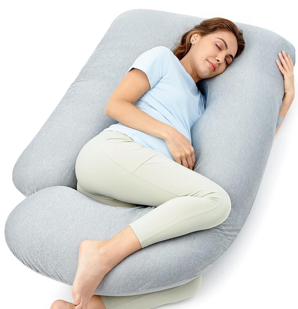 Momcozy Pregnancy Pillows with Cooling Cover, U-Shaped Full Body Maternity Pillow for Side Sleepers 57 Inch - Support for Back, Hip, Belly, Legs for Pregnant Women (Grey- Cooling Fabric)