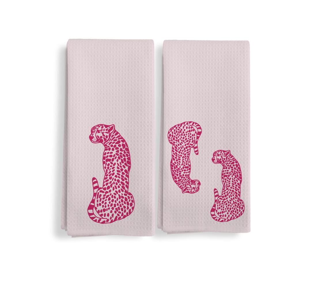 Qeheb Preppy Pink Leopard Kitchen Towels, Hot Pink Cheetah Kitchen Towel Decorative Set of 2, Preppy Bathroom Decor,Checkered Towels for Bathroom,Trendy Leopard Hand Dish Tea Towel for Kitchen 16X24