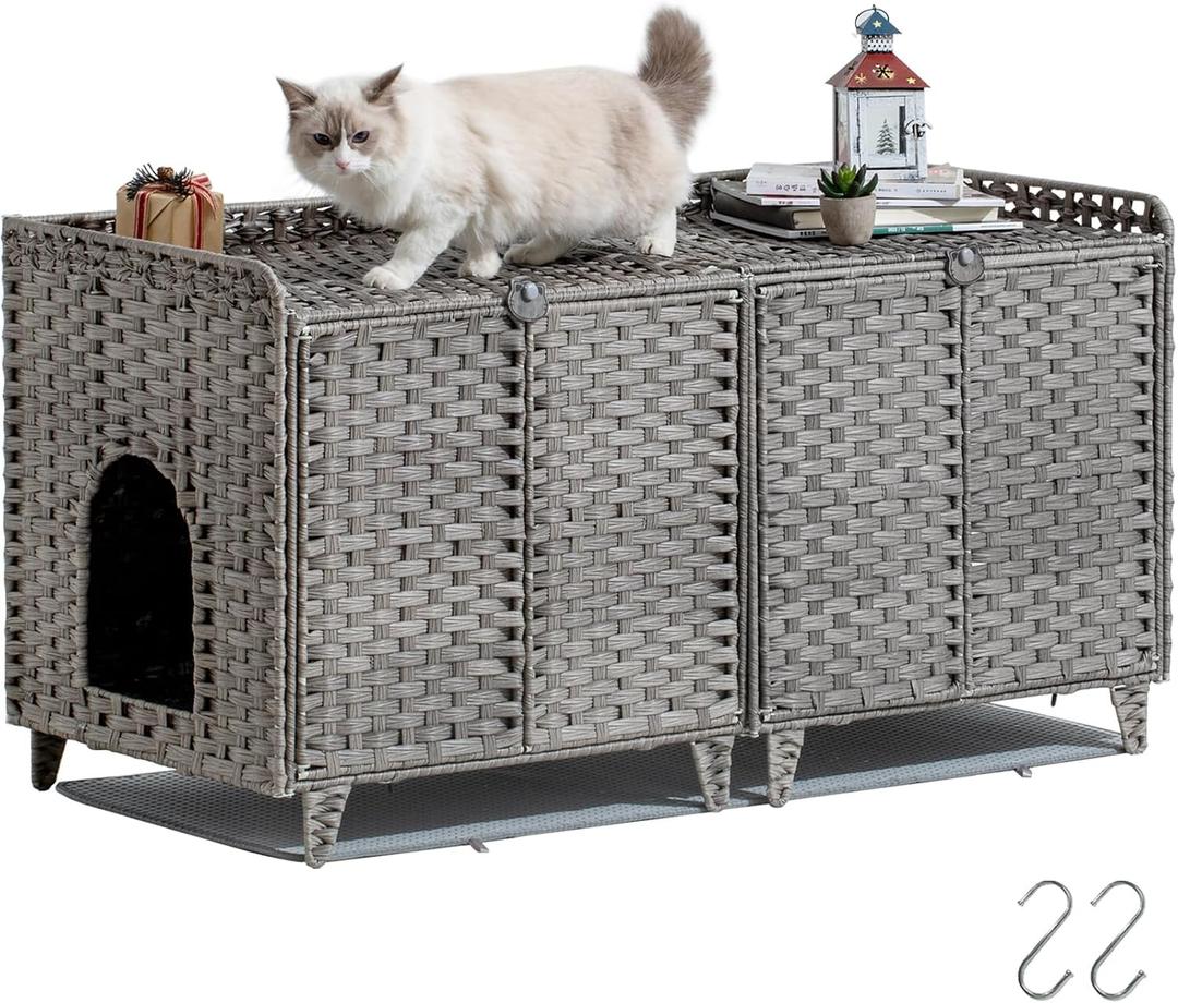 Cat Litter Box Enclosure for 2 Cats, Double Room Cabinet, Gray
Handwoven PE Rattan with 2-Part Litter Mat, Spacious Double Room Kitty Furniture, 2 S-Hooks, 47.3 x 19.7 x 23.6 In