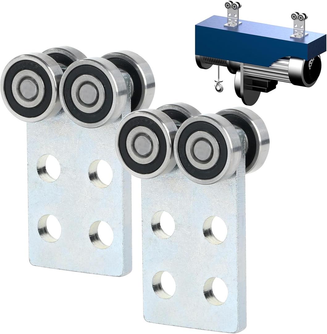 4 Wheel Trolley Assembly Rollers.Bearing Trolley Assembly.The top of The Trolley has Room for Set Screws, Allowing The use of a 1-5/8" high Strut Channel or Higher Metal Strut Channel.