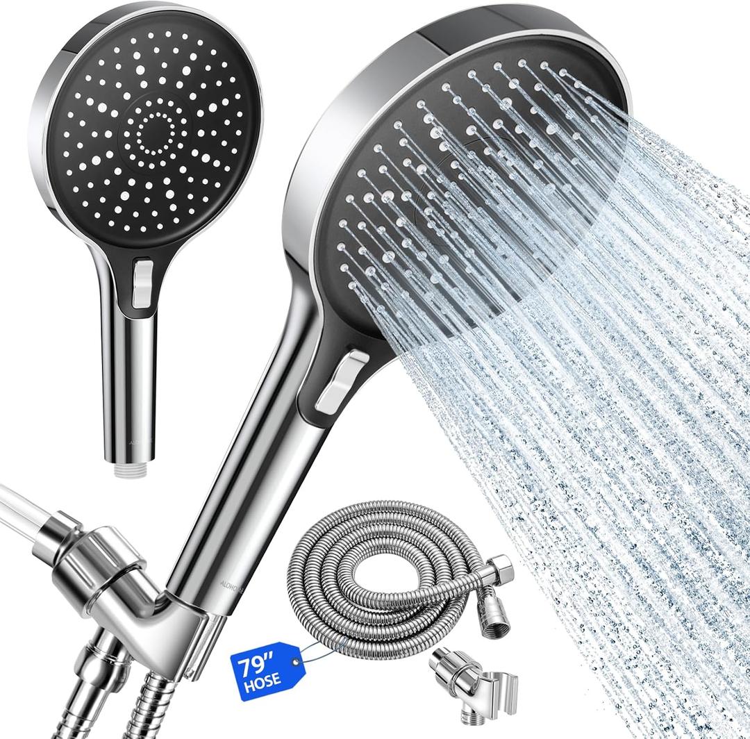 High Pressure 6" Full Body Coverage Handheld Shower Head - Wide Panel Powerful Spray for Easy Hair Washing & Effortless Cleaning - 79" Extra Long Stainless Steel Hose & 360 Swivel Bracket