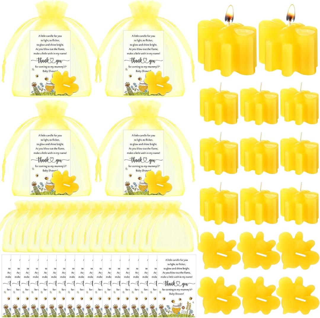 Pickmesh 50 Sets Bee Theme Baby Shower Party Favors 50 Pcs Bee Candles 50 Pcs Honey Jars Thank You Cards 50 Pcs Yellow Organza Bags Return Gifts for Guests Gender Reveal Game Prizes Party Supplies