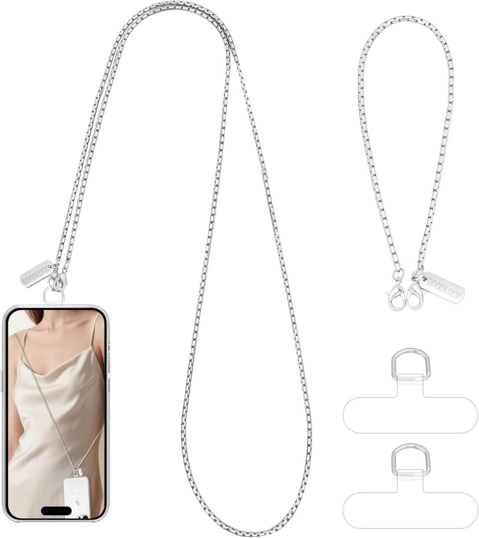 Dadanism Universal Phone Lanyard Set, Cellphone Chain Crossbody*1 Phone Wrist Strap*1 with 2 Tether Tabs for iPhone 16 and Most Smartphones, iPhone Charm for Women Girls Party Traveling, Silver (Extended)