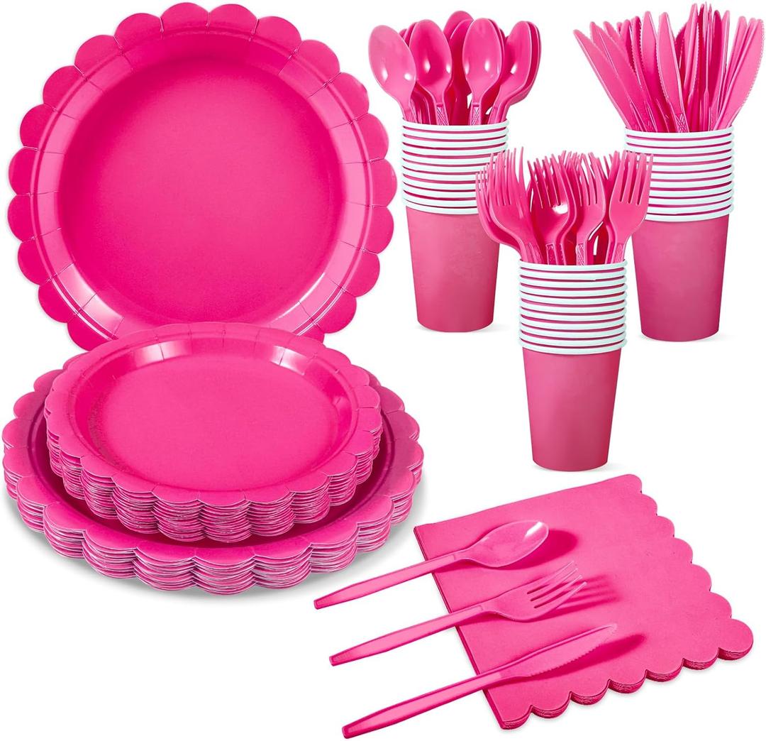 175 Pcs Hot Pink Paper Plates and Napkins, 25 Guest Hot Pink Supplies Include Scalloped Party Plates Napkins Cups Plastic Cutlery Set for Birthday, Bridal Shower