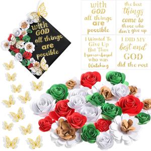 Feifeiya 40 Pcs DIY Graduation Cap Decoration Accessory Kit Include Faux Paper Flower Head Inspirational Graduation Quote Glitter Sticker 3D Butterfly DIY Kit for Grad Cap Gift(Gold)