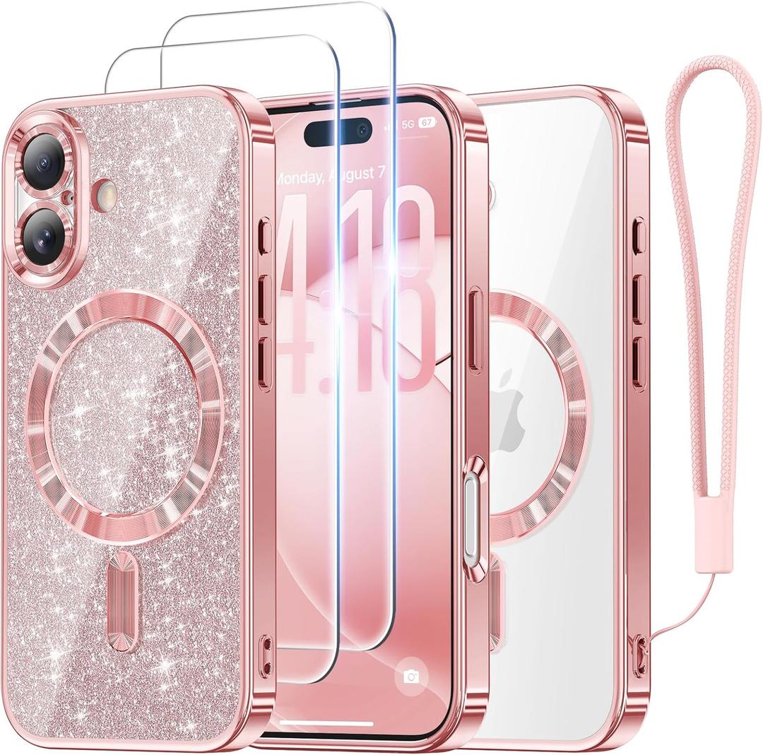 Meifigno Designed for iPhone 17 Case 6.3", [Glitter Card & Wrist Strap] [Compatible with MagSafe] [2X HD Screen Protectors] Surround Raised Lens Protection for iPhone 17 Case 6.3 Inch, Rose Gold