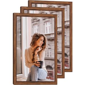 3 Pack 20x28 Wood Picture Frame Brown, Rustic Natural 28x20in frame Woodgrain, Distressed Brown 20 x 28 in Wall Photo Poster Frame with HD Plexiglass, Horizontal Vertical Wall Mounting Set of 3