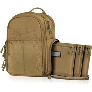 Savior Equipment SEMA Compact Tactical Range Pistol Backpack w/ 3 Gun Rug Sleeve (18" x 14" x 10", Flat Dark Earth Tan)