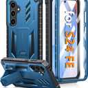FNTCASE for Samsung Galaxy S24-FE Case: Military Grade Drop Proof Protection Mobile Cover with Kickstand | Matte Textured Rugged Shockproof TPU | Protective Sturdy Phone Case Blue