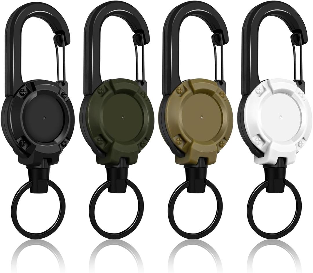 Retractable Keychain 4 Pieces Heavy Duty Carabiner Badge Holder Retractable Badge Reel ID Holder Extendable Key Ring Key Holder for 8 oz ABS Casing with 24 inches Steel Cord (Black + Green + Khaki + White)