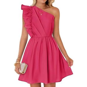 ZESICA Women's Summer One Shoulder Ruffle Dress Boho Sleeveless Elastic High Waist Swing Mini Dresses Size S