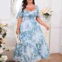 Women's Plus Size Floral Maxi Dress Puff Sleeves Cottagecore Corset Dresses Flowy Smocked Formal Casual Party Wear (Large, Blue)