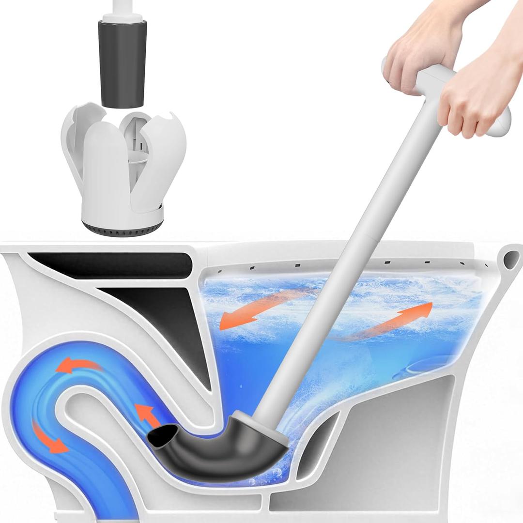 Upgraded Toilet Plunger with Holder, Wall Mounted Toilet Bowl Plunger with Hideaway Caddy, Dual Handle Plunger for Bathroom Built-in Drip Tray, White