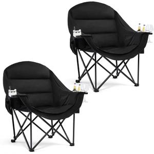Oversized Camping Chair for Adults - Heavy Duty Outdoor Padded Large Lawn Camp Chair with Cup Holder Cooler Pockets for Sports Beach Fishing Garden Portable Supports 500lbs, AllBlack 2 Pack