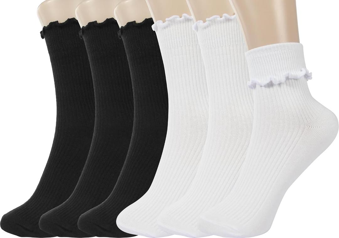 BomKinta Ruffle Socks Women - Turn-Cuff Frilly Sock - Lightweight Cotton Socks (5-10, 3 White 3 Black)