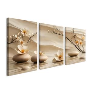 3 Piece Wall Art 16 x 20 Inches Framed Canvas Set Neutral Zen Flower Stone Wall Decor for Living Room Bedroom Bathroom Office Hallway Modern Farmhouse Spa Wall Art Pictures Ready to Hang with Velcro and Pre Installed Hooks