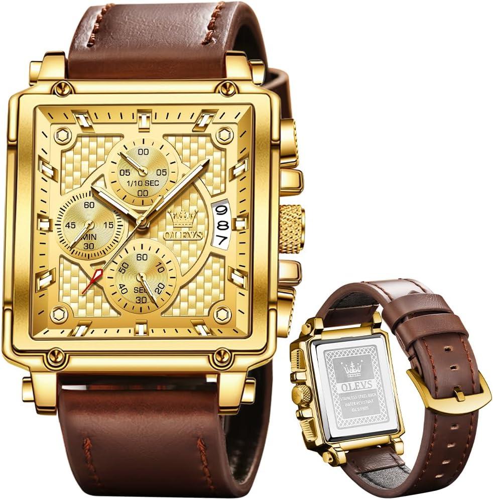 OLEVS Stylish Wrist Watch for Men,Silicone Strap Men Watches,Pro Diver Stainless Steel Chronograph Watch,Waterproof Date Dress Watch for Man,Large Face Male Watch (brown leather gold 9925)