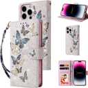 UEEBAI Wallet Case for iPhone 13 Pro Max 6.7 inch, PU Leather Case Kickstand RFID Blocking Flip Case Card Slots Wrist Strap Relief Engraved Pattern Magnetic Closure Flower Folio Case, Blue Butterfly