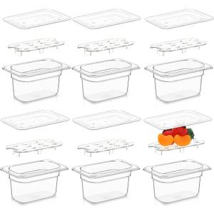 Sunnyray 6 Set 1/ 9 Size Polycarbonate Food Pans with Lids and Drain Shelf Deep Square Food Storage Containers for Kitchen Restaurant Fruit Vegetable Food Storage (4 Inch Deep)