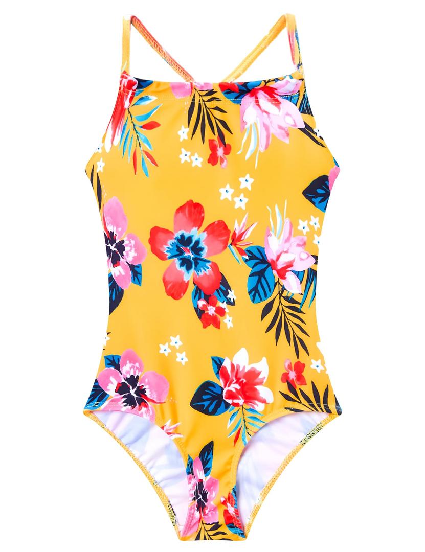 Girls Bathing Suits UPF 50+ Swimsuits Quick-Dry Cross-Strap for Toddlers & Kids 3-12T Sleeveless Sun Protection Yellow Flower