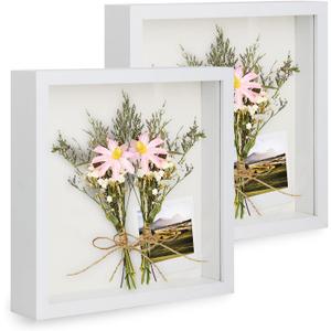 2pcs 6x6 Shadow Box Frame, 3D Picture Frame Display Cas with Real Transparent Glass for Photos, Memorabilia, Crafts, Souvenir, Wedding Memories, Baby Items - White/ 1.2 Inch Depth