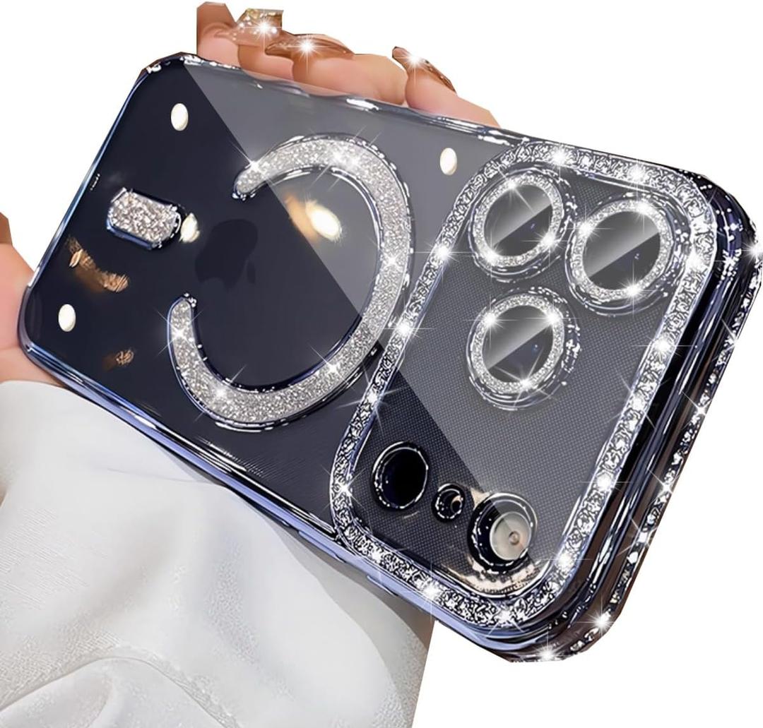 Changjia Magnetic Clear Glitter Case for iPhone 17 Pro, [Compatible with MagSafe] Cute Bling Sparkly Diamond Rhinestones with Camera Protector TPU Bumper Women Girls Case for iPhone 17 Pro 6.3", Blue